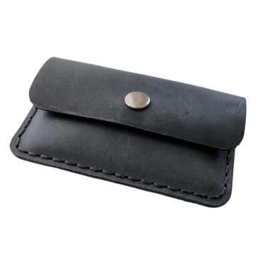 Imagem de Carteira de cartão de couro de flor integral feita à mão, design minimalista com fecho de pressão de metal, costurada à mão, tamanho compacto, Azul-marinho escuro, Minimalista