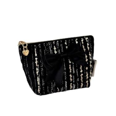 Imagem de Bolsa de moedas Bow – Mini bolsa de armazenamento chique para batom, chaves e fones de ouvido, carteira leve com zíper para mulheres, Preto
