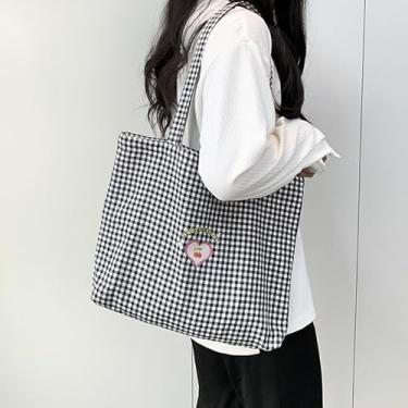 Imagem de Bolsa de ombro xadrez – Bolsa elegante de lona xadrez vermelha e branca, sacola de grande capacidade com zíper, bolso para telefone para mulheres, Preto