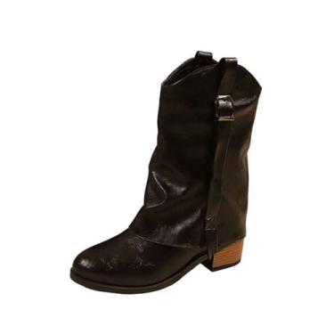 Imagem de Botas femininas casuais de inverno de couro PU bico redondo salto bloco para uso confortável e diário no clima frio, Preto, 39