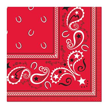 Imagem de Beistle 16 guardanapos descartáveis de papel bandana de 2 camadas para artigos de festa de aniversário com tema ocidental, 16,5 cm, vermelho, branco, preto
