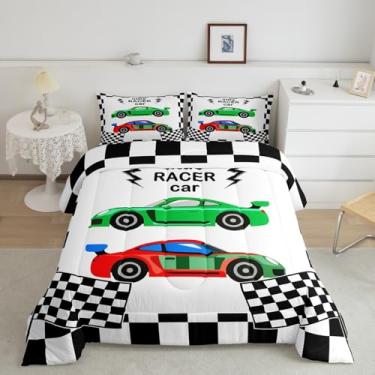 Imagem de jejeloiu Jogo de cama casal com desenho animado de corrida preto e branco para crianças, verde e vermelho, conjunto de edredom de carro fofo, 3 peças