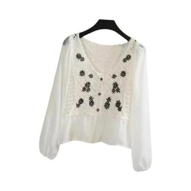 Imagem de Blusa Feminina De Manga Longa Em Crochê Com Bordado De Flor Em Chiffon