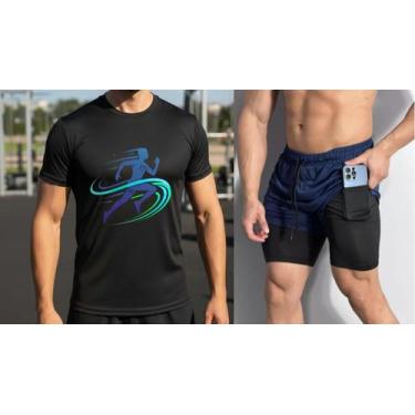 Imagem de Kit Camiseta Masculina Short Dry Fit Estampa Treino Esporte - LD, Pret
