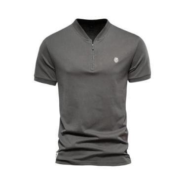 Imagem de Camiseta Masculina 100% Algodão Com Decote Em V E Zíper, Cor Sólida, C