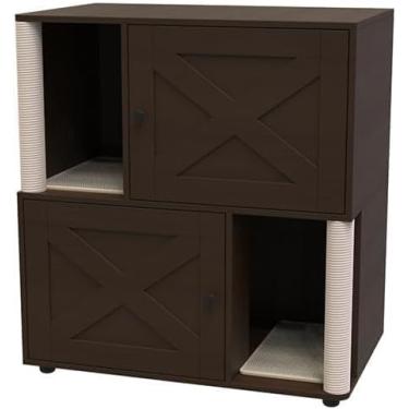 Imagem de Caixa de areia para gatos de camada dupla com armário oculto, poste arranhador de sisal e tapetes de areia – banheiro de madeira para gatos e cama aconchegante para gatos