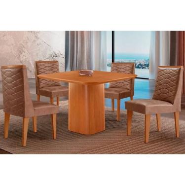 Imagem de Sala Jantar Mesa Maldivas Tampo Curvo 90cm+4 Cadeiras Dafne Madeira Naturale - Capuccino/Linho Capuccino - Rufato