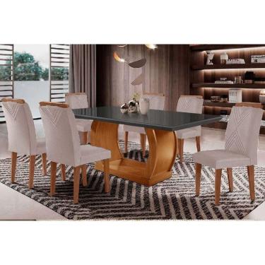 Imagem de Sala Jantar Mesa Jade Curvo 180cm + 6 Cadeiras Amsterdã Madeira Imbuia/Grafite - Capuccino/Suede Creme - Rufato