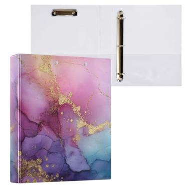 Imagem de Vuiyean Fichário de mármore roxo, rosa, azul e dourado, 3 anéis, fichário de 3 cm com prancheta e bolsos, pasta de arquivo grande resistente para material escolar de escritório - Comporta 200 folhas