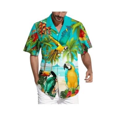 Imagem de Camisa Havaiana Masculina Com Estampa Vibrante De Papagaio E Flores, C