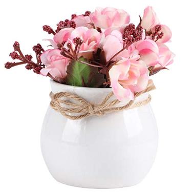 Imagem de Buquê de flores de rosa de seda artificial simulação vaso de plantio rosa decoração de festa em casa com vaso de cerâmica azul para sala de estar jardim varanda