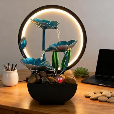 Imagem de AOZITA Fonte de mesa, fonte de cascata interna, máquina de som calmante para decoração de casa pequena para escritório, sala de estar ou quarto, lótus de metal azul com botão, pedras do rio, LED