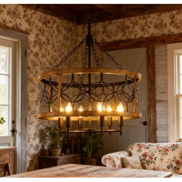 Imagem de Wellmet Lustre rústico, luminária pendente pintada de madeira, lustre de casa de fazenda preto de metal, para sala de estar, sala de jantar, quarto, corredor, entrada, bar, 61 cm D