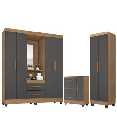 Imagem de Guarda Roupa Casal Capela com Cômoda Lite 4 Gavetas 01 Porta e Armário Multiuso Lite Nature Cinza - Móveis Leão