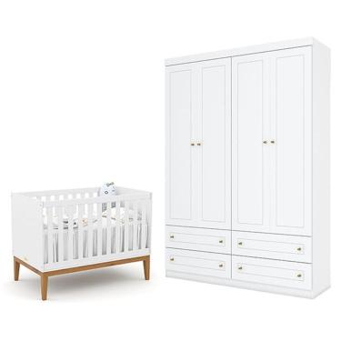 Imagem de Berço Americano Unique Branco Soft Eco Wood - Matic e Guarda Roupa Infantil Americano 4 Porta Branco HP - Henn