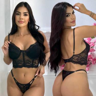 Imagem de Conjunto Lingerie Cropped Renda Sexy Sensual Calcinha Fio - Like4you, 