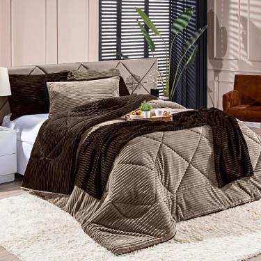 Imagem de Kit Coberdrom Cobertor Solteiro Canelado Denver Dupla Face Com Fronha 02 Peças - Manta Microfibra Canelada Cor Caqui