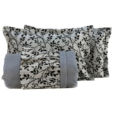 Imagem de Kit Colcha Casal Padrão Firenze Com Fronhas Estampadas 03 Peças - Percal Soft 200 Fios Com Babado Em Jacquard Cor Cinza