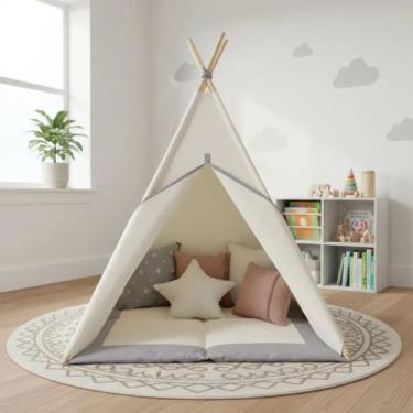 Imagem de Barraca tenda cabana infantil+tapete acolchoado com detalhes em cinza 