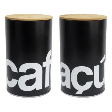Imagem de Kit 2 Latas de Café e Açúcar Preta Tampa Bambu - Herméticas - Mai Home