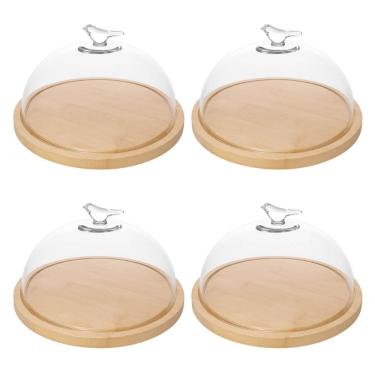 Imagem de Kit 4 Porta Queijos de Bambu com Cúpula Vidro Queijeira Bird Tábua Frios Wolff