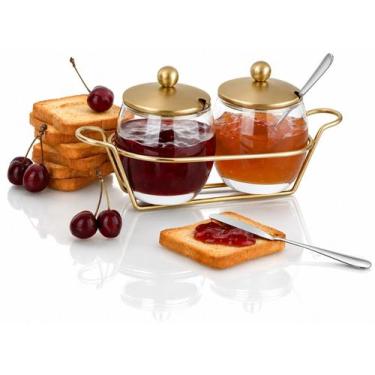 Imagem de Kit Para Servir Geléia Molhos Dourado Inox Vidro Antepastos - FORMA UT