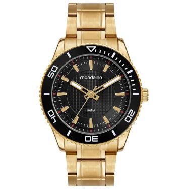 Imagem de Relógio Masculino Analógico Preto Dourado com Luneta Rotativa em Aço Inox com Cristal Mineral Mondaine
