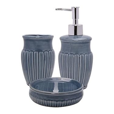 Imagem de Mimo Style Jogo de Banheiro Marine na Cor Azul Inteiramente de Cerâmica, Com Detalhes em Alto Relevo. Conjunto de 03 Peças: Porta Sabonete (325ml), Saboneteira e Porta Escova. Elegante