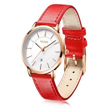 Imagem de OLEVS Relógios para mulheres, relógios de pulso à prova d'água, analógico, de quartzo, ultrafinos, pulseira de couro com relógios de data e calendário, presentes para mulheres, Pulseira de relógio vermelha com bisel em ouro rosa e mostrador branco