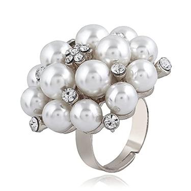 Imagem de Anel de casamento com pérola CZ grande para mulheres, meninas, vintage, zircônia cúbica, cristal, pérolas falsas, flor, faixa aberta ajustável, anel de festa de aniversário, coquetel, ajuste confortável, joia exagerada