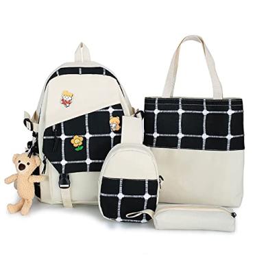 Imagem de Mochila universitária 4 peças mochila de lona casual com bolsa, bolsa de moedas, estojo de lápis, mochila xadrez pingente de grande capacidade, preta, 44 x 29 cm