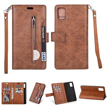 Imagem de Capa para Samsung Galaxy A51 4G, carteira de couro PU Folio Flip Case Bolso com Zíper Slots para Cartão Fecho Magnético Capa Protetora à Prova de Choque com Alça de Pulso para Samsung Galaxy A51 4G (Marrom)