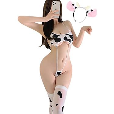 Imagem de SINROYEE Womens Sexy Cow Cosplay Bikini Lolita Maid Outfit Kawaii Bra and Panty Set Japanese Anime Lingerie (One piece bikini)
