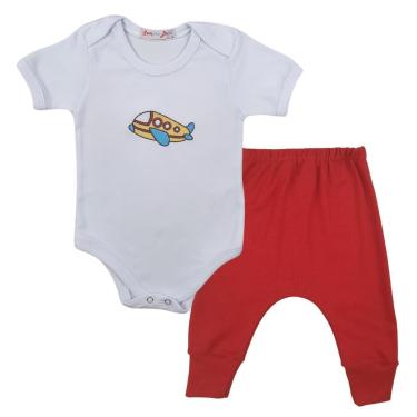 Imagem de Conjunto Body Manga Curta Bordado Avião e Calça Suedine Mijão Culote - Roupa Bebê Menino-Masculino