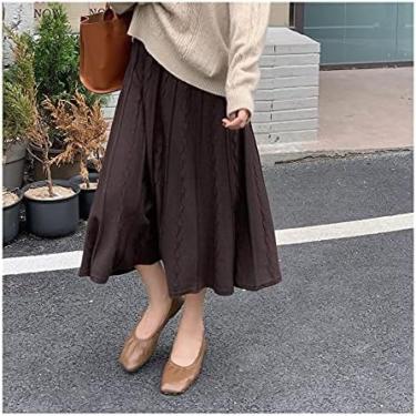 Imagem de Saia Tricotada Feminina Com Nervuras, Saia Tricotada Com Estampa De Cânhamo Outono, Saia Longa Evasê De Cintura Alta, Saia Midi Skater Feminina Com Elasticidade Macia,Café,Um Tamanho,Hilarious123