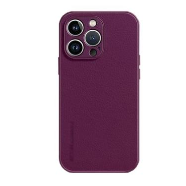 Imagem de LXURY Capa de couro para iPhone 15 Pro Max/15 Pro/15 Plus/15, capa de luxo ultra fina e leve com proteção de cobertura total de lente capa de couro legítimo, roxo 3,15 Plus