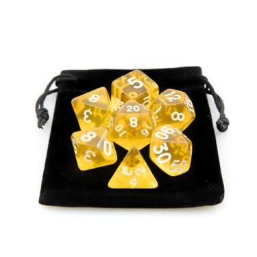Imagem de Kit 7 Dados RPG de Mesa Translucido Acrilico Conjunto D4 D6 D8 D10 D10% D12 D20 Cor AMARELO + 1 Dice Bag