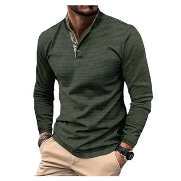 Imagem de Camisa polo masculina estampa waffle gola larga gola de golfe meia frente botões cor sólida pulôver, Verde militar, G
