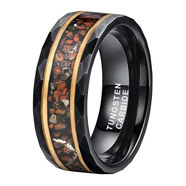 Imagem de TUTISS Anéis de tungstênio martelado prateado/preto de 8 mm para homens e mulheres, alianças de noivado, osso de dinossauro, meteorito, lascas embutidas, fosco, ajuste confortável, Metal, Sem pedra