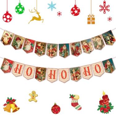 Imagem de Faixa de Feliz Natal, HoHoHo Faixa de Papai Noel, 2 peças, Faixa de Lareira Vintage Banners de Parede para Decoração de Árvore de Natal Decoração de Casa Chaminé Interior
