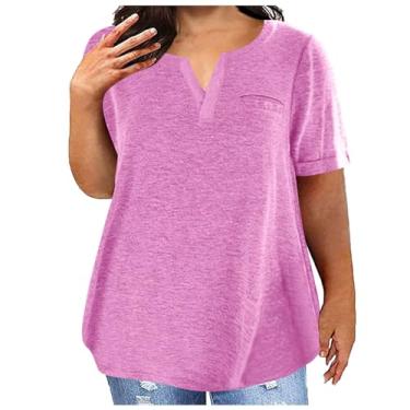 Imagem de Camisetas femininas folgadas longas plus size gola V camiseta feminina manga curta básica verão outono 2024, Q-85 Rosa, 4G