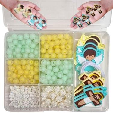 Imagem de Kit Missangas Para terço Infantil Nossa senhora Anjinho Emborrachado Verde Amarelo