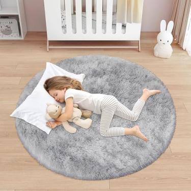 Imagem de ATRUG Tapete redondo fofo cinza de 1,2 m para quarto, tapete redondo peludo tingido de gravata antiderrapante cinza felpudo felpudo tapete de área para sala de estar, sala de estar, berçário, sala de
