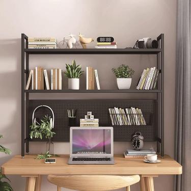 Imagem de Estante de mesa de ferro forjado de 2 camadas - Prateleira de mesa de computador industrial, estante de mesa de escritório, organizador de mesa de escritório com placa perfurada, suporte de
