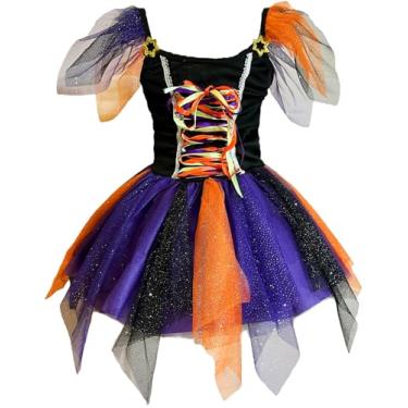 Imagem de Fantasia Infantil Bruxa Bruxinha Colorida Criança Halloween Balé Vestido Roupa Menina Luxo (Colorida, GG (veste 9-11 anos))