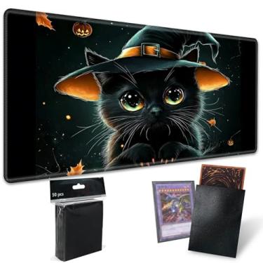 Imagem de Playmats for Magic: The Gathering MTG Card Game Mat Plus 50 Pcs Card Sleeves, 24 x 14 inch TCG Mat with Stitched Edge for Commander Deck Duskmourn Board Game, Halloween Black Cat