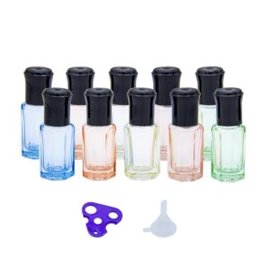 Imagem de Tutuxio 10 frascos de rolo de 6 ml para óleos essenciais, frascos roll-on de vidro multicoloridos, frascos de perfume com esfera de rolo de aço inoxidável, funis e abridor, recipiente pequeno para
