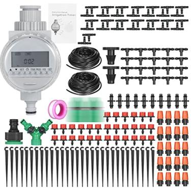 Imagem de Tomshin Kit de irrigação por gotejamento para irrigação de plantas Sistema de irrigação DIY com bicos de temporizador de irrigação automático eletrônico Misters Gotejadores Tubulação de 30 metros para