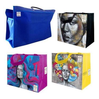 Imagem de 1 Sacola Lona Feira 34x48x21cm + 3 Sacolas Ráfia 35x40x18cm - COMBO