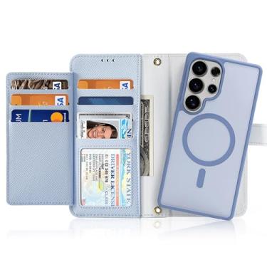 Imagem de POYUFRG Capa magnética para Samsung Galaxy S25 Ultra/S25 Plus/S25, capa carteira removível de alta capacidade de couro legítimo, capa carteira destacável de alta capacidade, azul, S25 Ultra